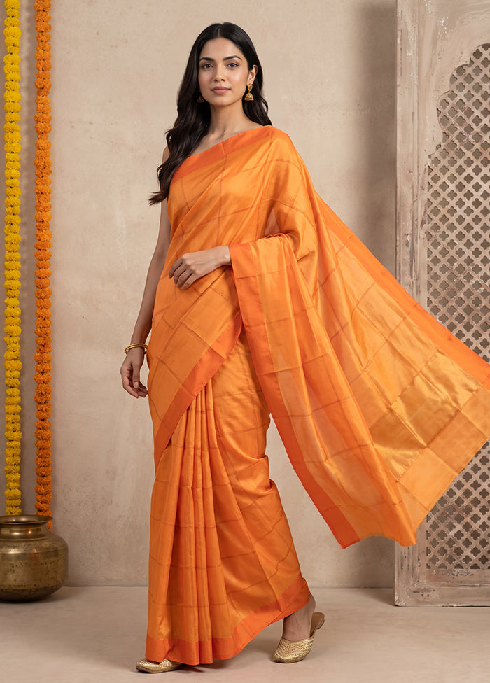 Orange Printed Pure Silk Saree Without Blouse Piece