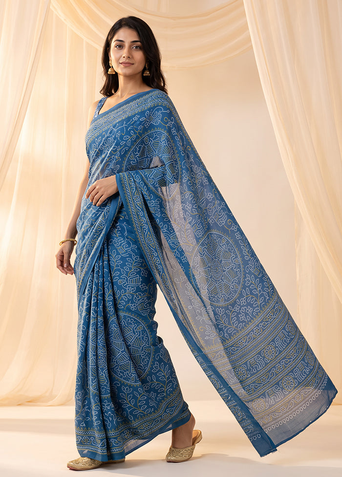 Blue Printed Silk Saree Without Blouse Piece