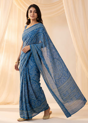 Blue Printed Silk Saree Without Blouse Piece