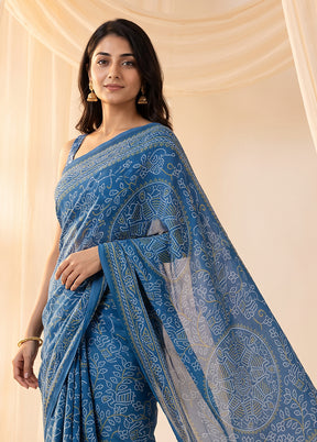 Blue Printed Silk Saree Without Blouse Piece