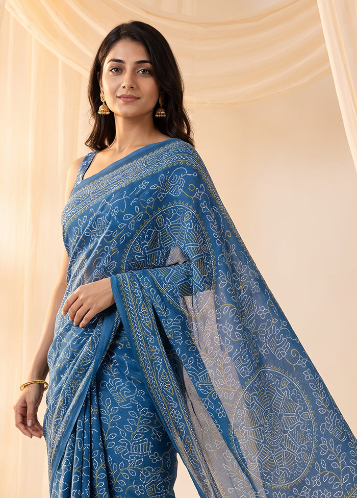 Blue Printed Silk Saree Without Blouse Piece
