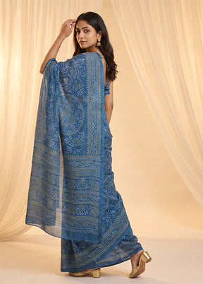 Blue Printed Silk Saree Without Blouse Piece