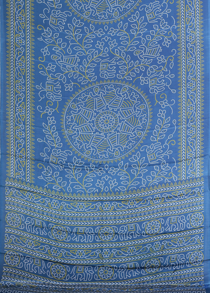 Blue Printed Silk Saree Without Blouse Piece
