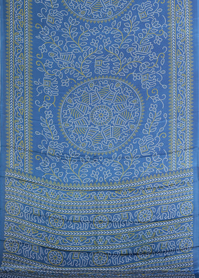 Blue Printed Silk Saree Without Blouse Piece
