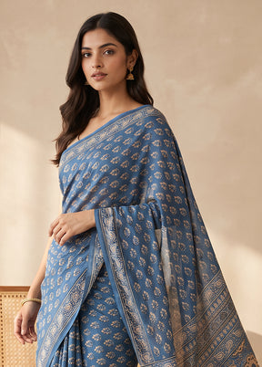 Blue Printed Silk Saree Without Blouse Piece