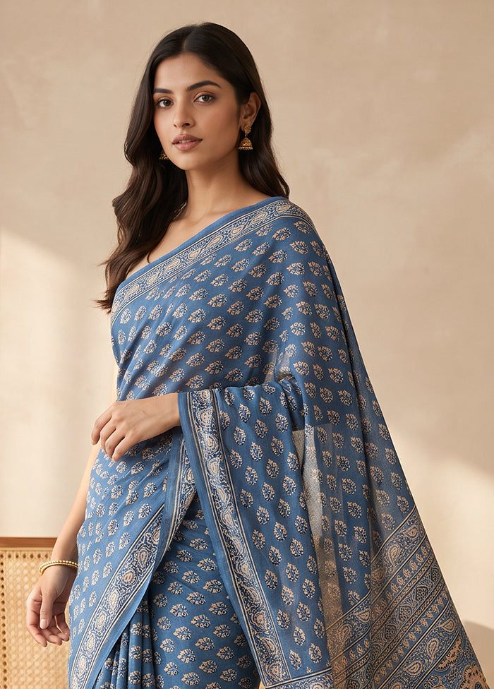 Blue Printed Silk Saree Without Blouse Piece