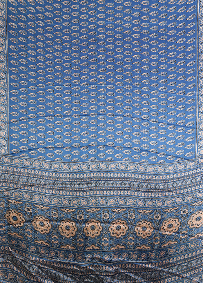 Blue Printed Silk Saree Without Blouse Piece