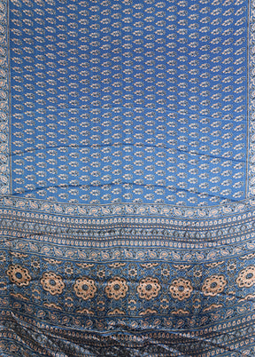 Blue Printed Silk Saree Without Blouse Piece