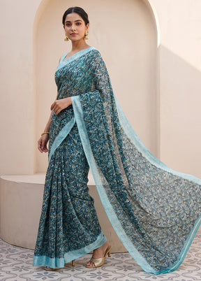 Blue Printed Silk Saree Without Blouse Piece