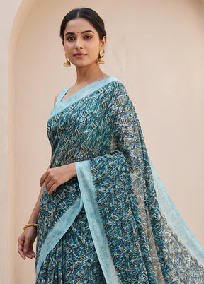 Blue Printed Silk Saree Without Blouse Piece