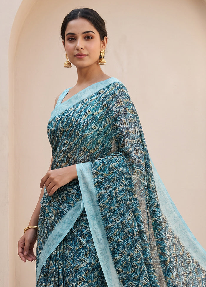 Blue Printed Silk Saree Without Blouse Piece