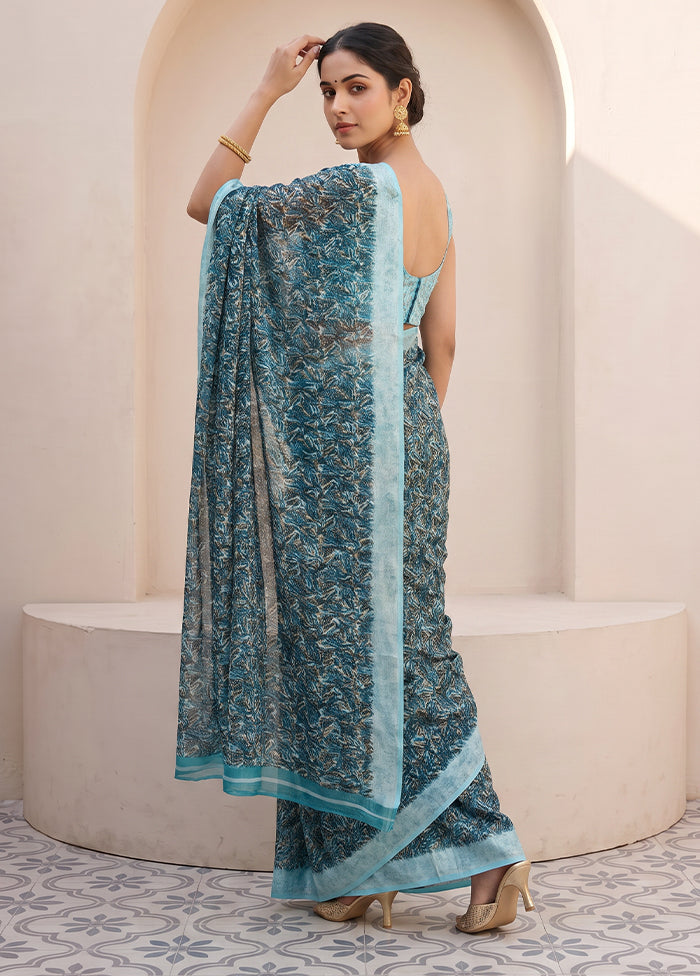 Blue Printed Silk Saree Without Blouse Piece