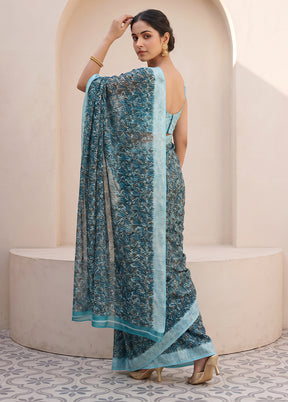 Blue Printed Silk Saree Without Blouse Piece