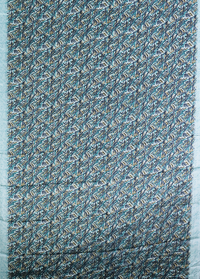 Blue Printed Silk Saree Without Blouse Piece