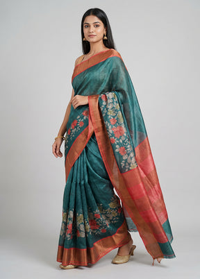 Green Handloom Tussar Pure Silk Saree With Blouse Piece