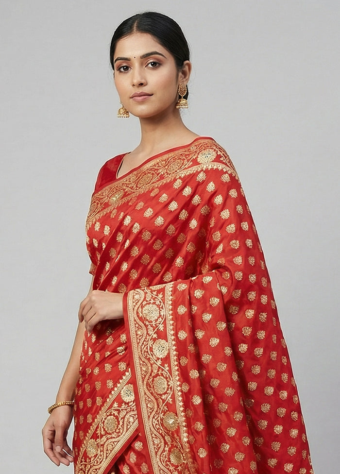 Red Handloom Banarasi Pure Silk Saree With Blouse Piece