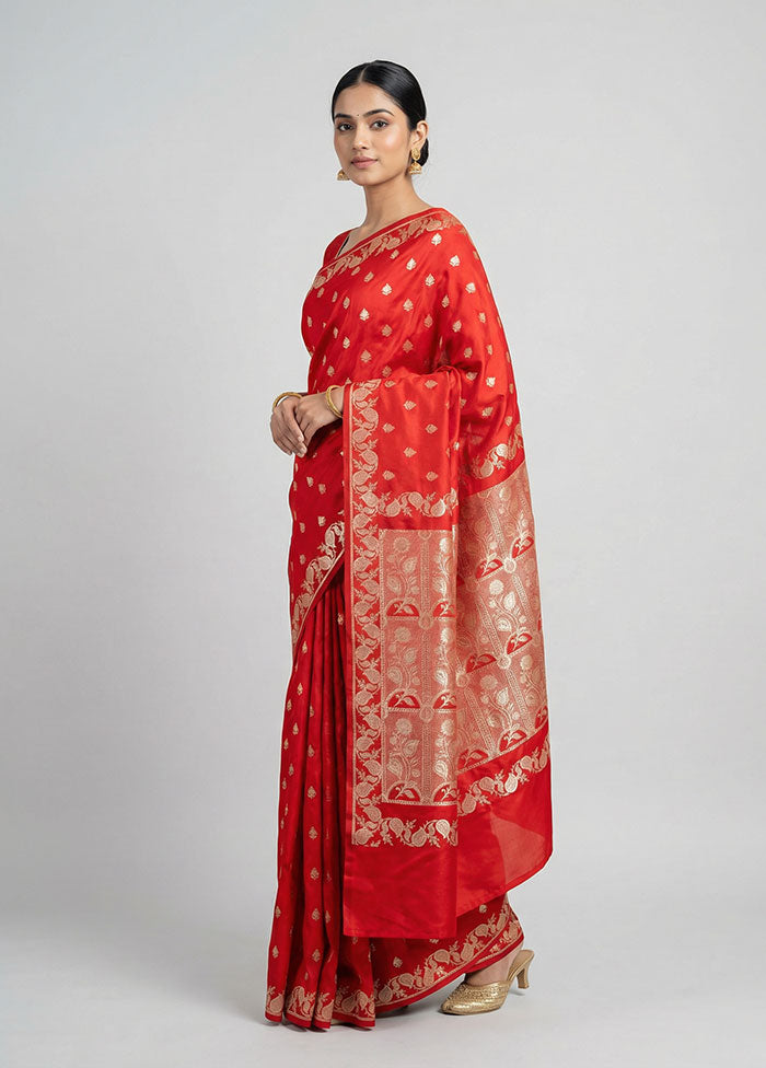 Red Banarasi Silk Saree With Blouse Piece