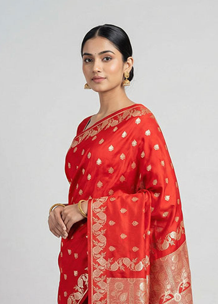 Red Banarasi Silk Saree With Blouse Piece