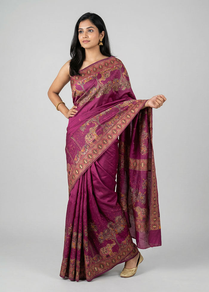 Purple Dupion Silk Saree With Blouse Piece