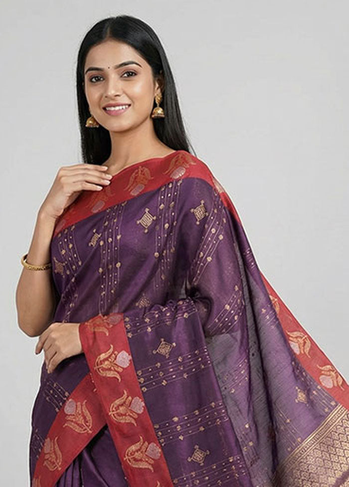 Purple Cotton Saree With Blouse Piece