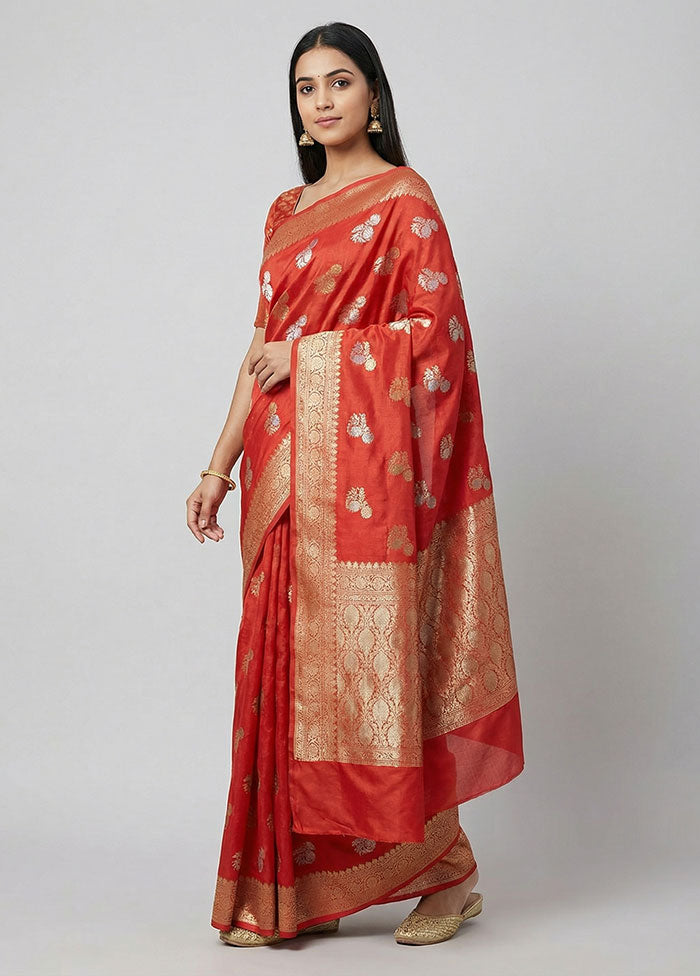 Red Dupion Silk Saree With Blouse Piece