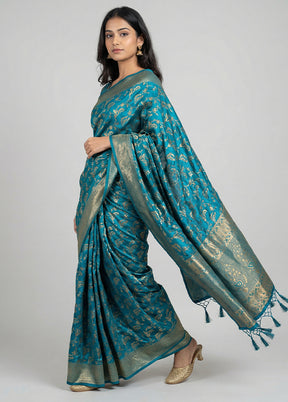 Blue Dupion Silk Saree With Blouse Piece