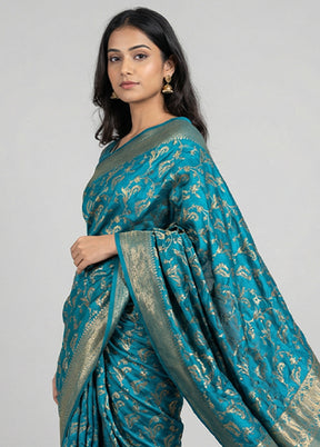 Blue Dupion Silk Saree With Blouse Piece