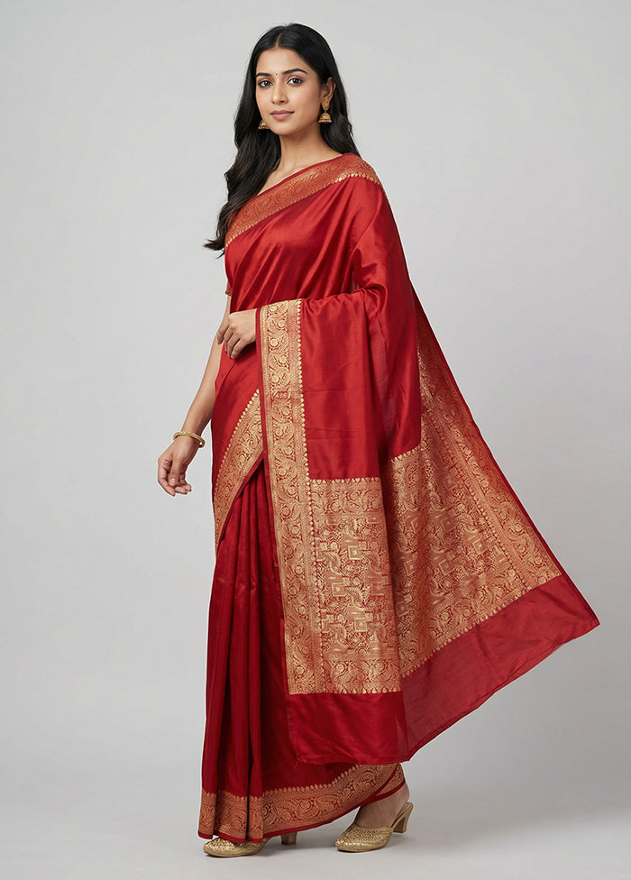 Red Dupion Silk Saree With Blouse Piece