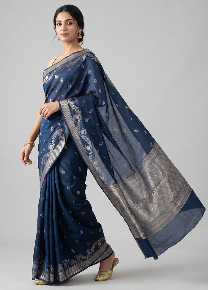 Blue Dupion Silk Saree With Blouse Piece