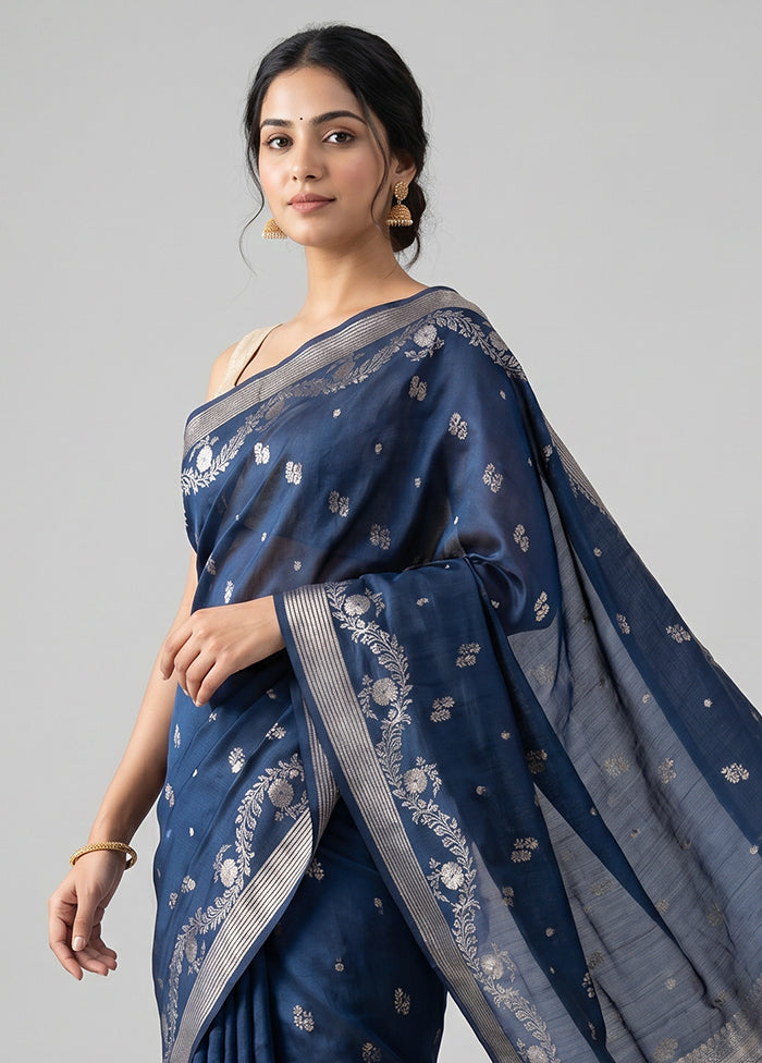 Blue Dupion Silk Saree With Blouse Piece