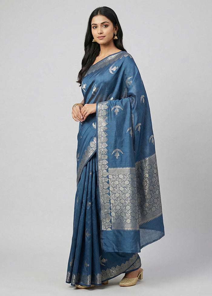 Blue Dupion Silk Saree With Blouse Piece