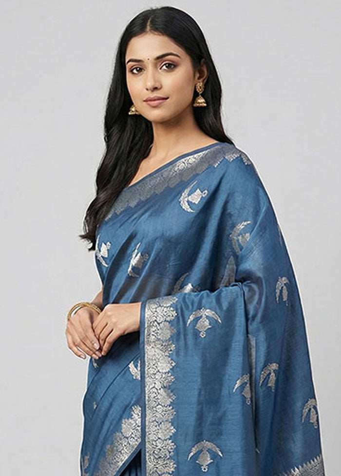 Blue Dupion Silk Saree With Blouse Piece