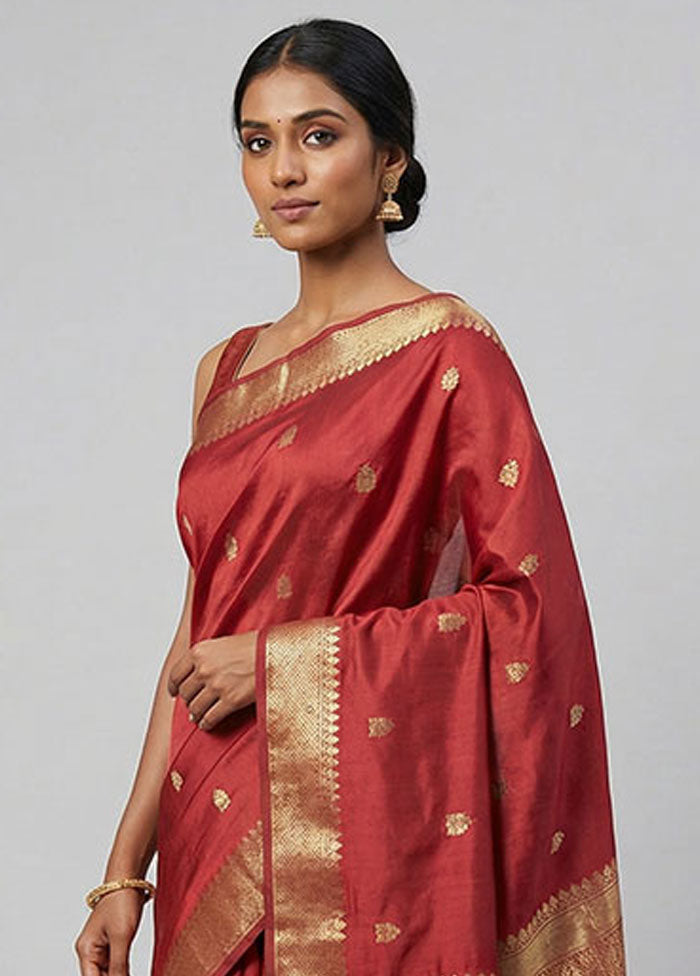Maroon Dupion Silk Saree With Blouse Piece