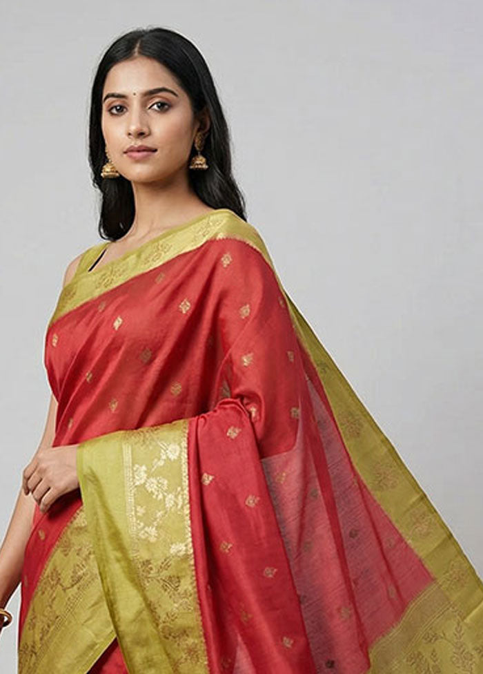 Red Dupion Silk Saree With Blouse Piece
