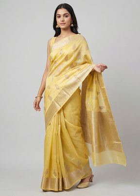 Yellow Dupion Silk Saree With Blouse Piece