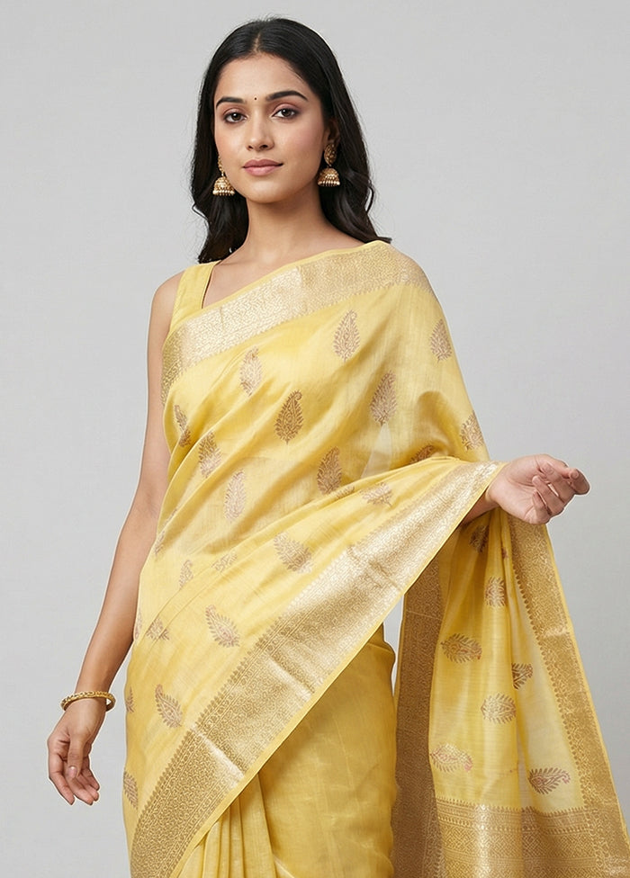 Yellow Dupion Silk Saree With Blouse Piece