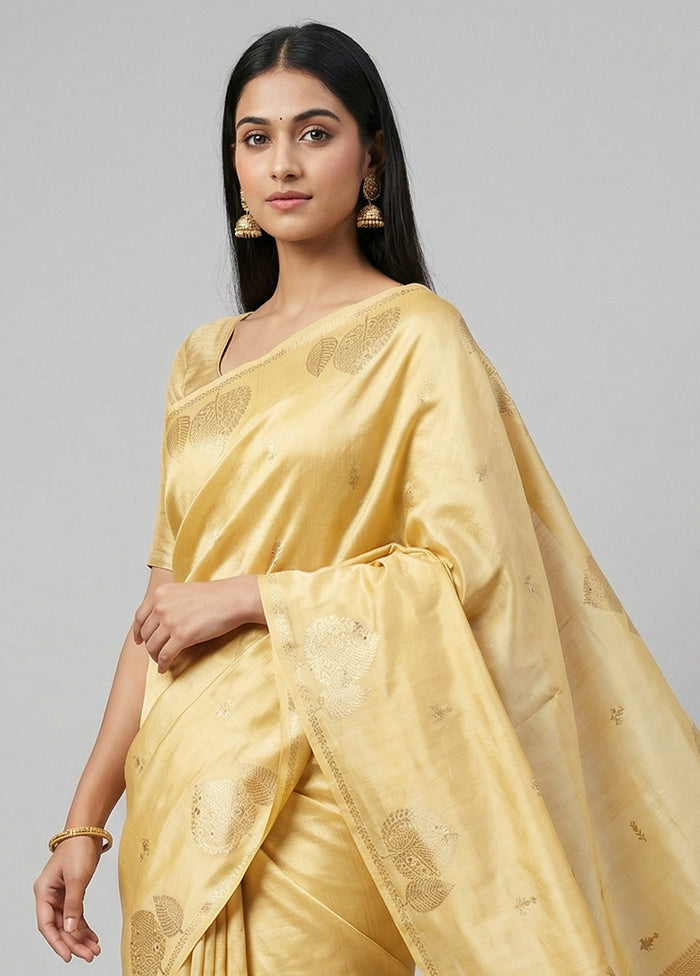 Yellow Handloom Dupion Pure Silk Saree With Blouse Piece