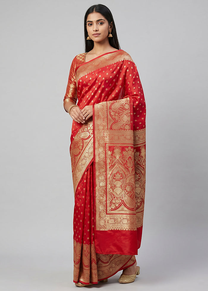 Red Banarasi Silk Saree With Blouse Piece