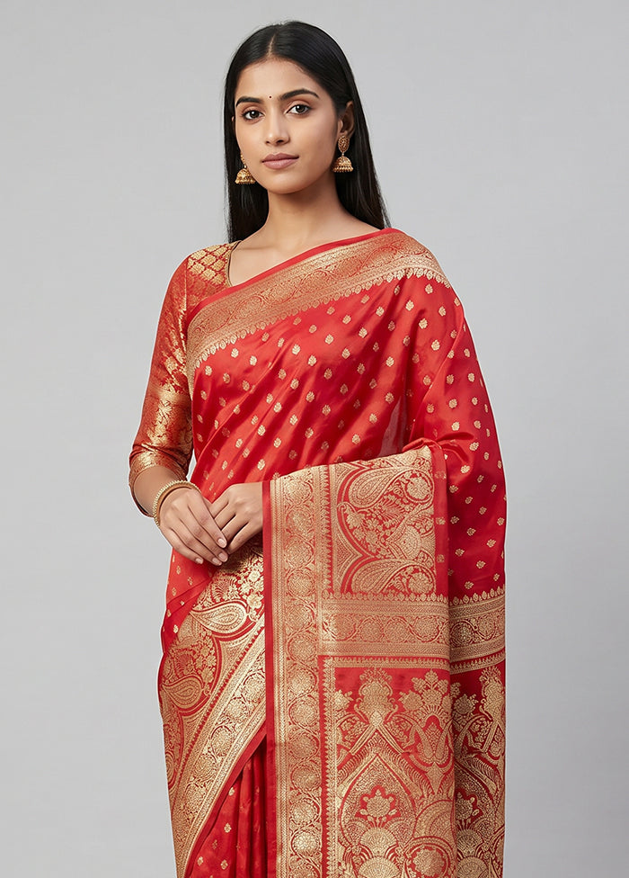 Red Banarasi Silk Saree With Blouse Piece