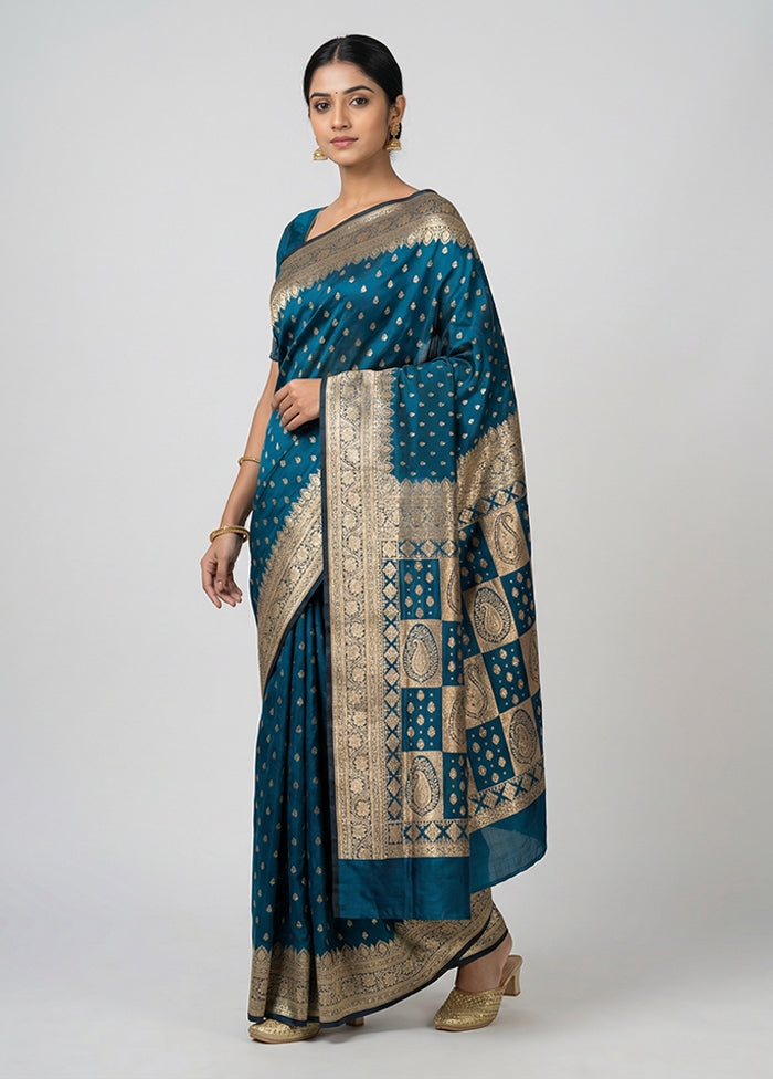 Blue Banarasi Silk Saree With Blouse Piece