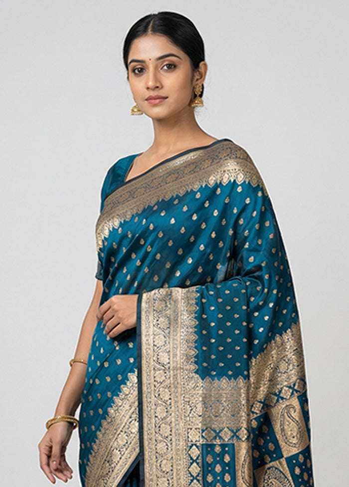 Blue Banarasi Silk Saree With Blouse Piece