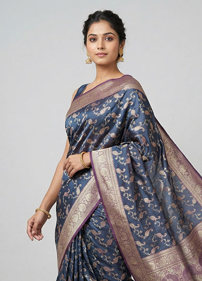 Blue Dupion Silk Saree With Blouse Piece
