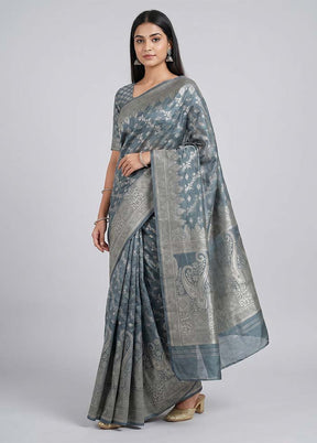 Grey Cotton Saree With Blouse Piece