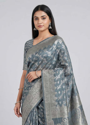 Grey Cotton Saree With Blouse Piece