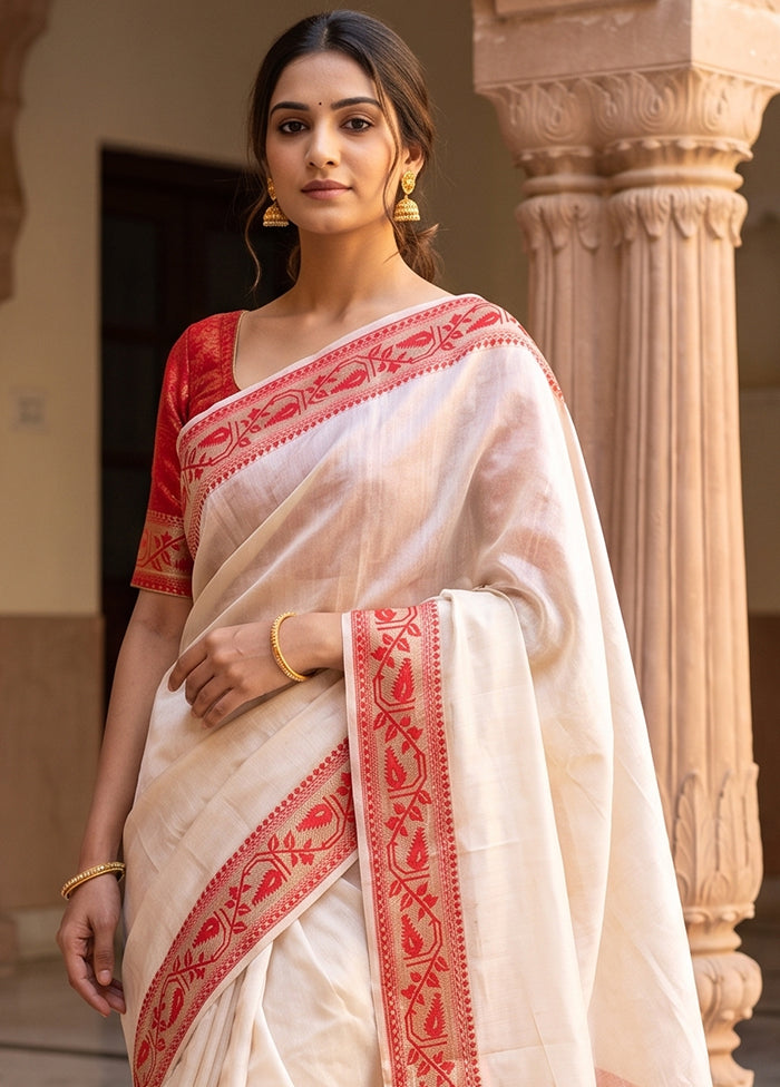 White Jamdani Cotton Saree Without Blouse Piece