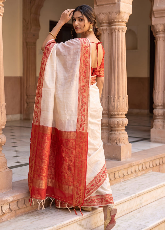 White Jamdani Cotton Saree Without Blouse Piece