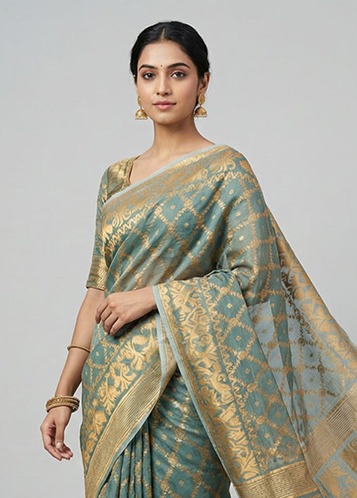 Green Jamdani Cotton Saree Without Blouse Piece