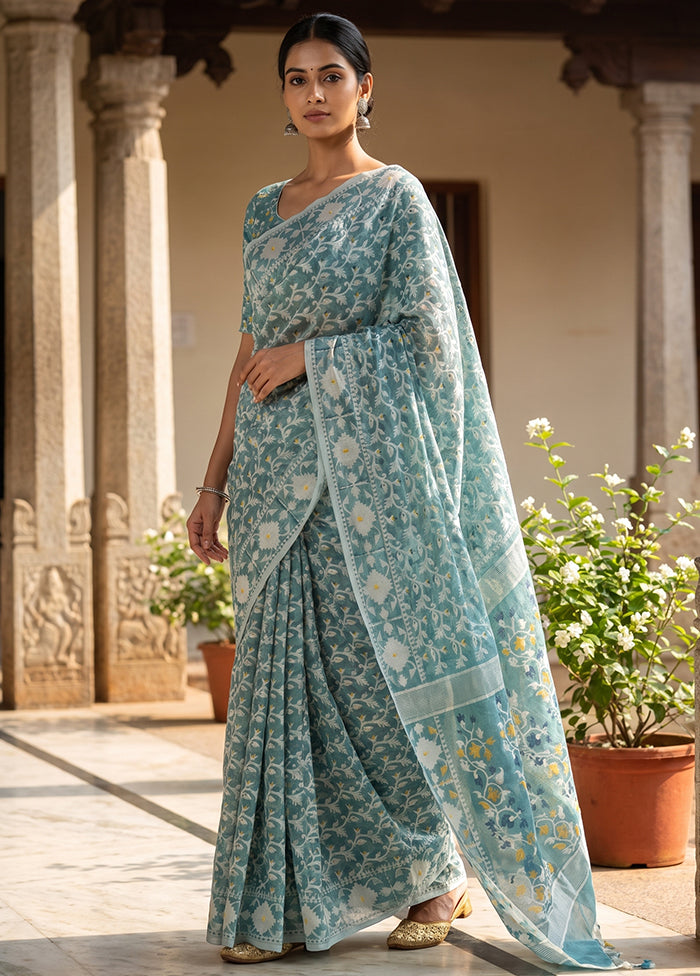 Blue Jamdani Cotton Saree Without Blouse Piece