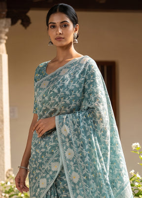 Blue Jamdani Cotton Saree Without Blouse Piece
