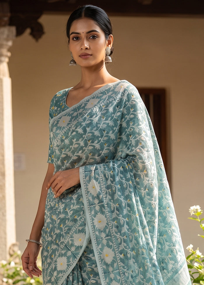 Blue Jamdani Cotton Saree Without Blouse Piece